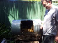 Inside a home made compost tumbler